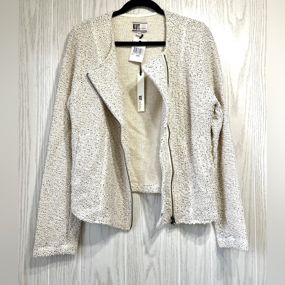 Kut from the Kloth White Marled Moto Zip Jacket  Large Slash Front Pockets NWT - Picture 3 of 5